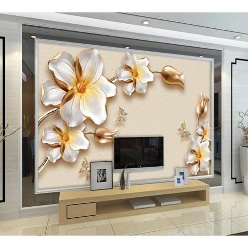 Milofi custom size mural wallpaper 3D luxury gold flower jewelry TV background wall decoration mural wallpaper