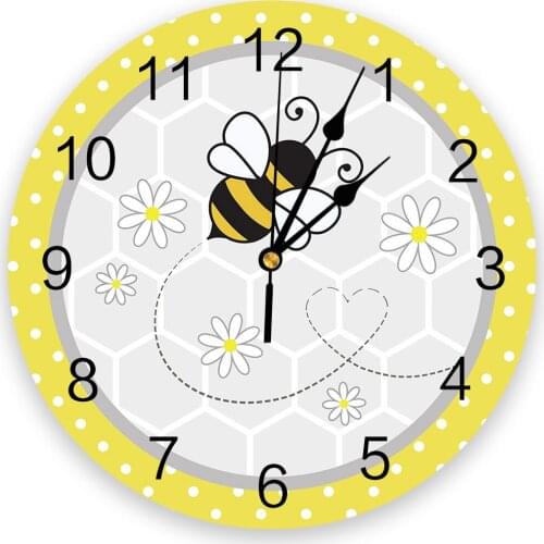 Yellow Polka Dot Background Bee Daisy Hive Wall Clock Modern Design Hanging Watch for Home Decoration Home Living Room Wall Art