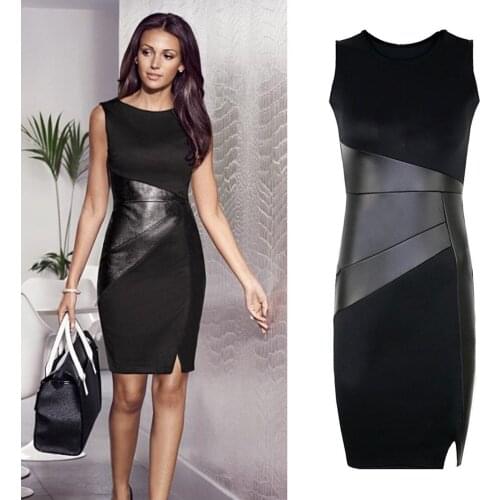 New Fashion Women PU Leather Dress Patchwork O Neck Sleeveless Split Elegant Slim Party Mini Dresses Black Vestido Plus Size 5XL