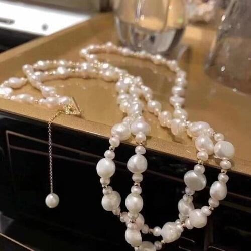 80cm long sweater necklace women high quality natural white baroque genuine pearl beads handmade can customize any length