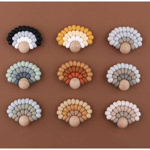 OOTDTY BPA Free Silicone Beads Baby Teether Natural Beech Wood Baby Teething Toy Food Grade Silicone Teether Newborn Molar Toys