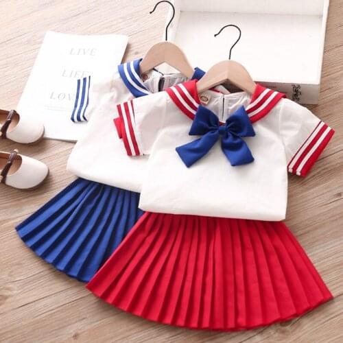 School Uniform Clothes Set For Girls Bowknot Tshirt+Pleated Skirt Suit Kids Student Outfits Baby Girls Clothing 2 4 5 6 7 8 Year