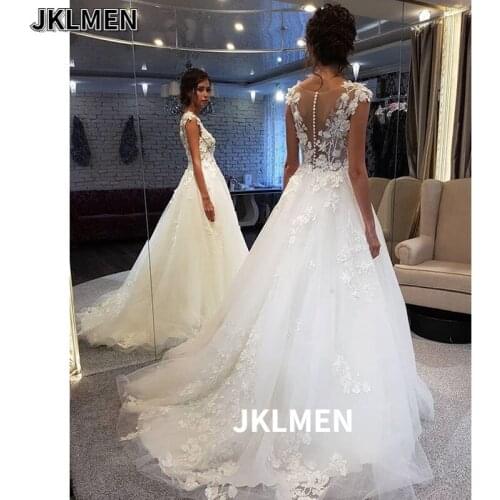 Scoop Wedding Dresses White Lace Applique A Line Sleeveless Illusion Sweep Train Bridal Gown Dress with Back Buttons