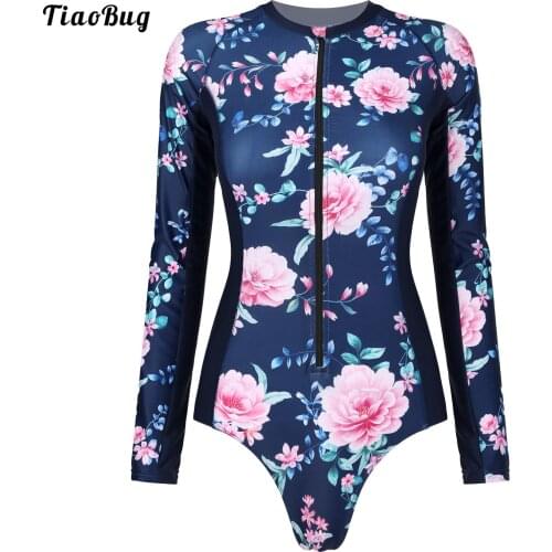 TiaoBug Summer Women Floral Printed Long Sleeve Bodysuit Beachwear Zip Front UV Protection 1Pc Swimsuit Swimwear Jumpsuit
