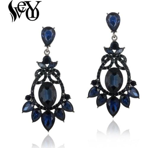 VEYO Vintage Hollow out Dark Bule Rhinestone Drop Earrings Long Crystal Dangle Earrings Jewelry For Women New