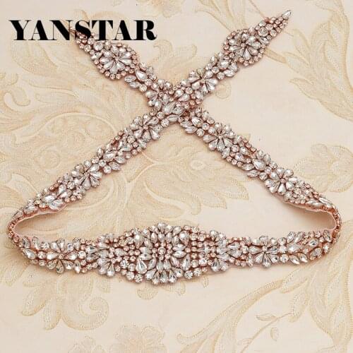 YANSTAR (30pcs) Wholesale Bridal Sash Beaded Sewing Rose Gold Crystal Rhinestone Appliques For Wedding Dresses Sash Belt YS854