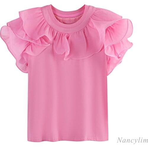 Ruffled Stitching Loose Short Sleeve Cotton T-shirt for Women 2021 Summer New Design Pink Blue Tops Camisetas De Mujer