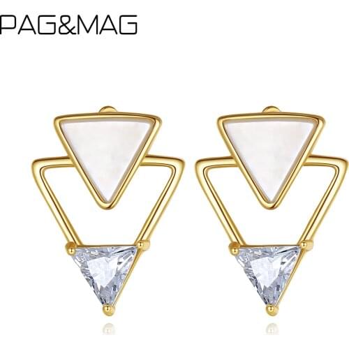 PAG&MAG 925 Sterling Silver Stud Earrings For Women Personality Triangle CZ Earrings Korean Fashion Jewelry Geometric Earings