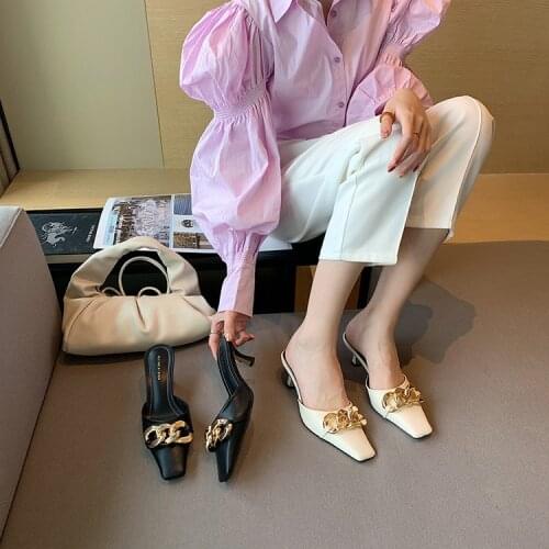 2021 Square Head Luxury Prom Woman Slippers Fashion Heels Summer Baotou Half-Towed Metal Chain Mid-Heel Mules