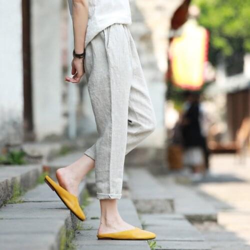 Women Elastic Waist Solid Color Vintage Pants Ladies Linen Casual Retro Trousers Female Summer Pants 2018
