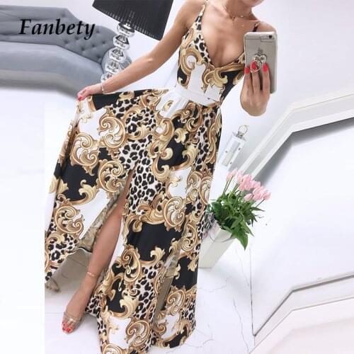 Elegant Retro Leopard Floral Print Long Party Dress Women 2021 Summer V Neck Split Maxi Dress Sexy Sleeveless Loose Beach Dress