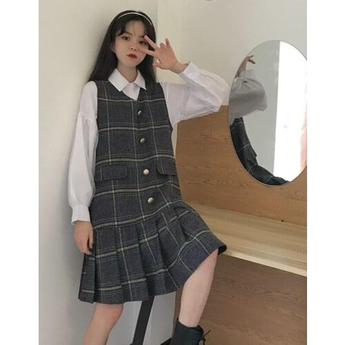 WomenS Dress 2020 College Style Spring Autumn Wild Sleeveless Loose Plaid Dress Vestidos Femme Korean Girl Pleated Midi Dresses
