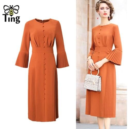Tingfly Spring Summer Vintage Elegant Women Work Office Dress Flare Sleeve Pleated Casual Midi Long Dress Dinner Dresses Elbise