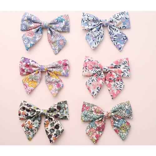 12 pcs/lot, Baby Girls Floral print Sailor Bow Hair Clips, Floral fabric bow Nylon headbands, School Girl Bow hair accessories