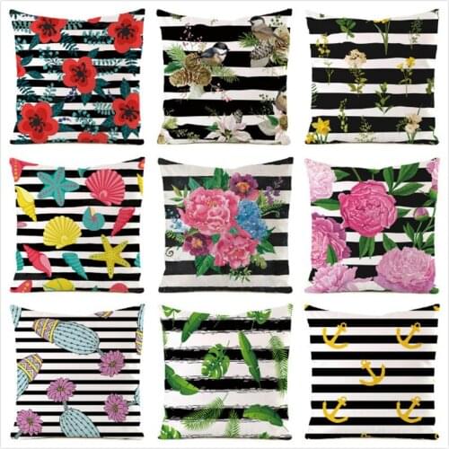 45cm*45cm Flowers on Stripes Inimitated Silk Fabric Throw Pillow Covers Couch Cushion Cover Home Decorative Pillows Pillow Case