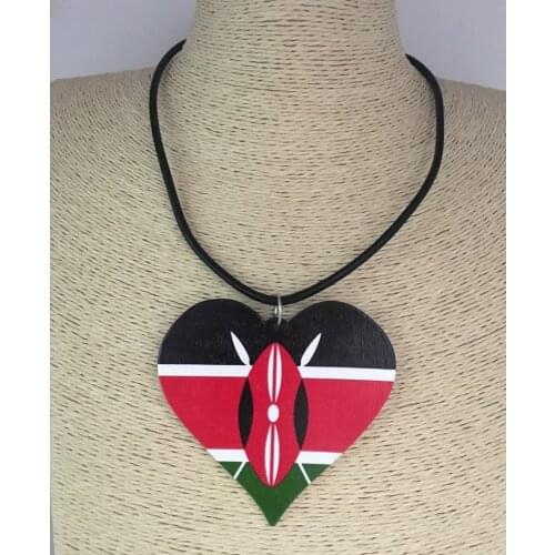 5pcs/lot!! Newest Kenya Flag Heart Wooden Pendant Necklace