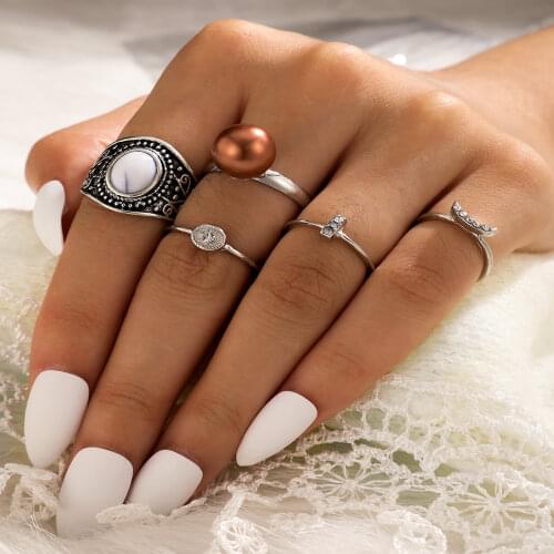 HuaTang 5pc Vintage Big Pearls Opal Rings Set for Women Silver Color Geometric Crystal Knuckle Ring Female Party Jewelry Anillos
