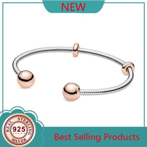 925 Sterling Silver Pan Bracelet Rose Gold Moments Snake Chain Style Open Bangle Fit Bead Charm Fashion Jewelry