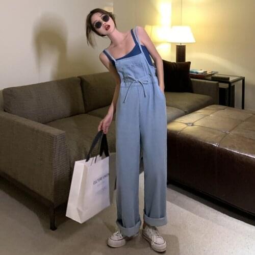 Pants womens spring 2021 New Retro High Waist drape sense bandage denim suspenders loose straight pants womens pants