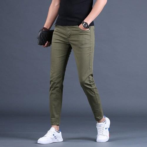 Summer Thin Slim Fit Jeans Men Stretch Ankle-Length Pants Male Casual Cotton Army Green Denim Trousers