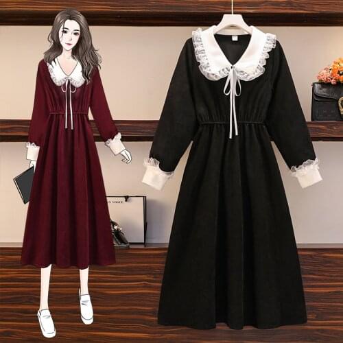 EHQAXIN Plus Size Women Vintage Red Dress Spring Cute Lace Patchwork Peter Pan Collar Long Sleeve Casual Midi Dresses L-4XL