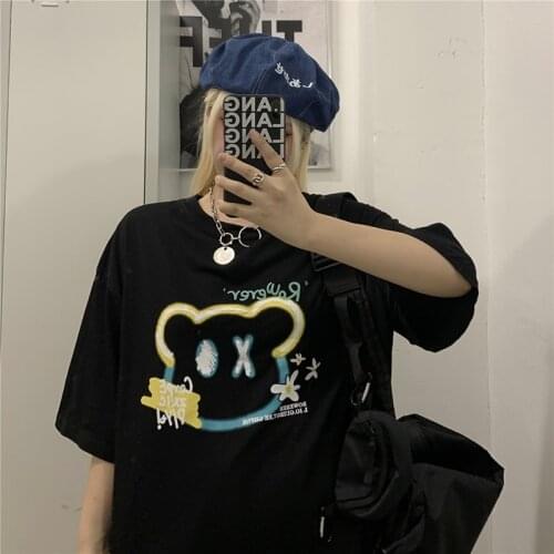Hip-Hop Short-Sleeved t-Shirt Unisex Summer 2021 New Korean Version Ins Street Smiley Cartoon Print Loose Womens Top