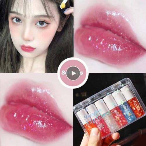 6pcs Crystal Jelly Lipstick Capsule Lip Plumper Oil Shiny Sequins Lip Oil Moisturizing Lip Glaze Balm Makeup Lip Gloss Cosmetics