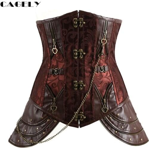 Steel Boned Steampunk Corset Gothic Brocade Faux Leather Waist Trainer Cincher Lace up Underbust Basque Sexy Armor Costume Top