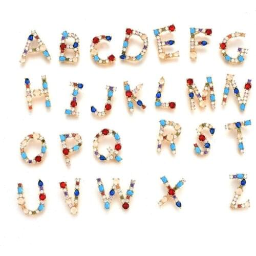 Brass Colorful Rhinestone Letter Pendants for necklace making, with Cubic Zirconia, Alphabet,Golden,19.5x15x2mm,Hole:3.5x2mm F70