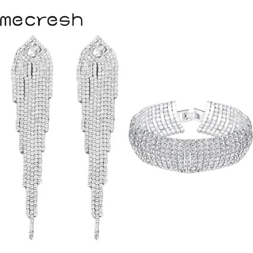 Mecresh Statement Color Rhinestone Wedding Jewelry Set for Women Gorgeous Long Tassel Earrings Bracelet Set EH1647+SL341
