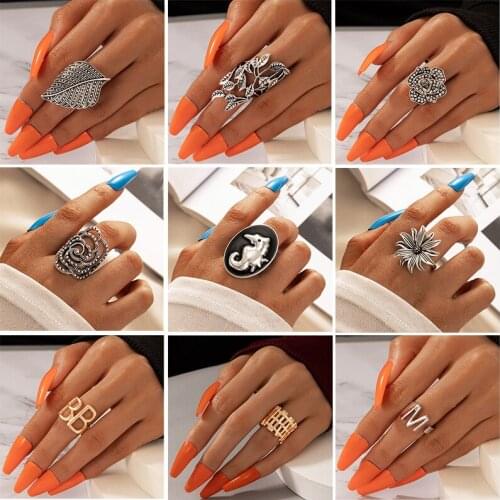 Docona Trendy Hippocampus Dripping Oil Finger Rings for Women Bohemia Letter Sun Flowers Joint Rings Female 2021 Jewelry Anillos