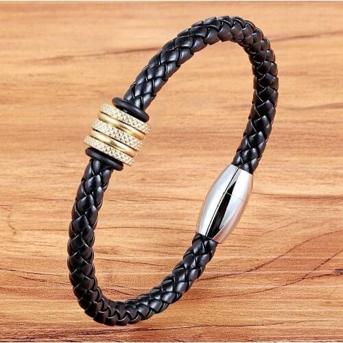 New Fashion Stainless Steel Men Bracelets Black Brown Wrap Woven Male Women Leather Bracelet Men Bangle Wholesale Jewelry Gift
