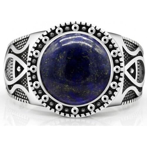 Real antique Turkish ring in pure 925 sterling silver with lapis lazuli mens onyx colorful punk rock jewelry