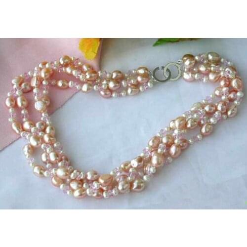 New Arriver Real Pearl Jewellery,4Row Pink Crystal Baroque Freshwater Cultured Pearl Necklace,Perfect Women Birthday Gift