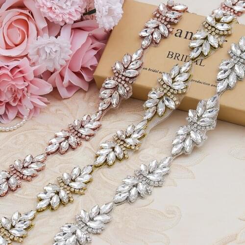 YANSTAR Wholesale Rhinestone Appliques By The 10 Yards Trim For Wedding Dress Belts Rose Gold Crystal DIY Bridal Belt YS897