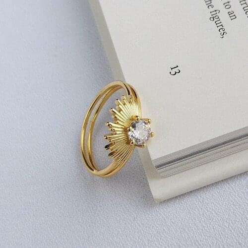 Authentic S925 Sterling Silver FINE Jewelry Zirconia Gold SUN Geometric Ring Adjust TLJ855