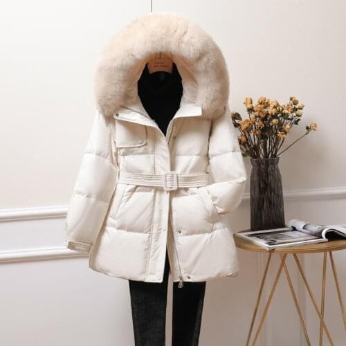 Autumn Winter White Duck Down Slim Fox Fur Hooded Parkas Jackets Fashion Casual Sashes Shorts Woman Padded Warm Down Coats