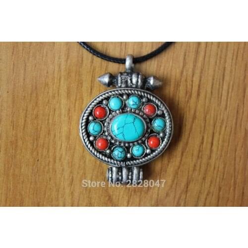 PN702 Handmade Nepal Jewelry Tibetan Silver Inlaid Coloful Mini Beads Prayer Box Gau Amulet Women Pendant