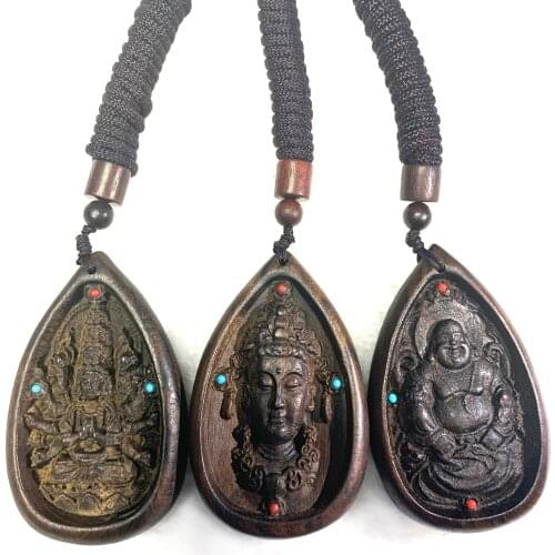 Rosewood Wood Carving Buddha Necklace ReligiousCarving Guanyin Pendant Buddhism Statue with Black Cord