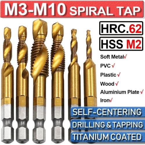 6Pcs M3/4/5/6/8/10 Drill Sets Drill Sprial Tap Bit Kits HSS M2 Titanium Coated 1/4'' Hex Shank Thread Cutter Countersink Metric