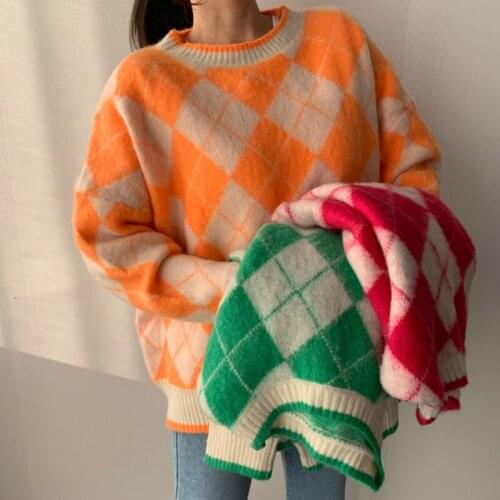 2020 Women Autumn Winter Argyle Sweet School Girl Sweater Round Collar Loose Knitted Pullover Jumpers Full Sleeve
