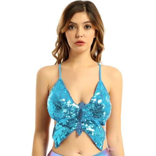 Women Shiny Sequin Beaded Butterfly Shaped Bra Tops Clubwear Lace-up Sleeveless Backless Rave Crop Top Vest for Belly Dance