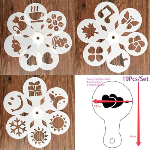 19Pcs Coffee Stencils Fancy Coffee Printing Model Foam Spray Cake Stencils Coffee Drawing Cappuccino Mold Powdered Sieve Tools