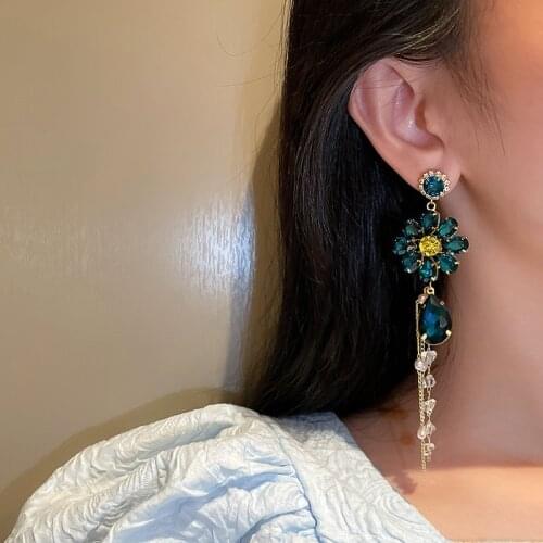 Korean Fashion Vintage Luxury Crystal Flower Dangle Earrings Exquisite Rhinestone Inlaid Long Tassel Earrings Party Jewelry