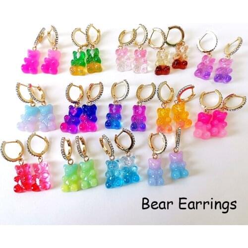Y2K Jewelry Tie-dye Candy Color Bear Earrings for Women Egirl Style Cute INS Crystal Animal Earrings 2000s Fashion Aesthetic New