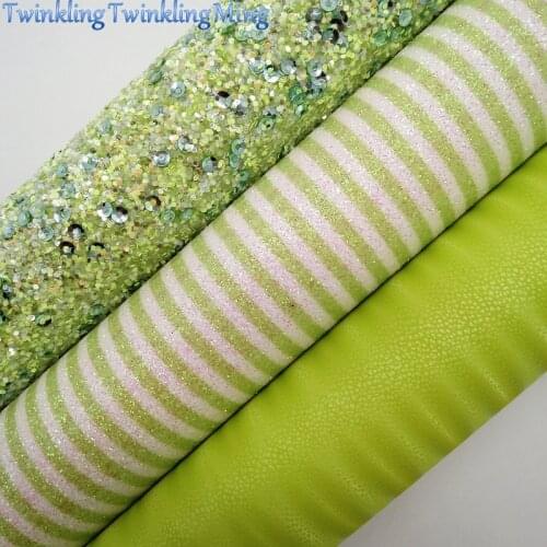 GREEN Glitter Fabric, Stripes Synthetic Leather, Patent Faux Fabric Sheets For Bow A4 21x29CM Twinkling Ming XM012B