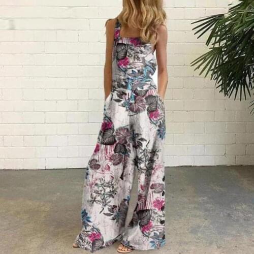Women Jumpsuit 2021 Sleeveless Floral Print Pockets Buttons Wide Leg Loose Suspenders Playsuit Overall for Spring/Summer