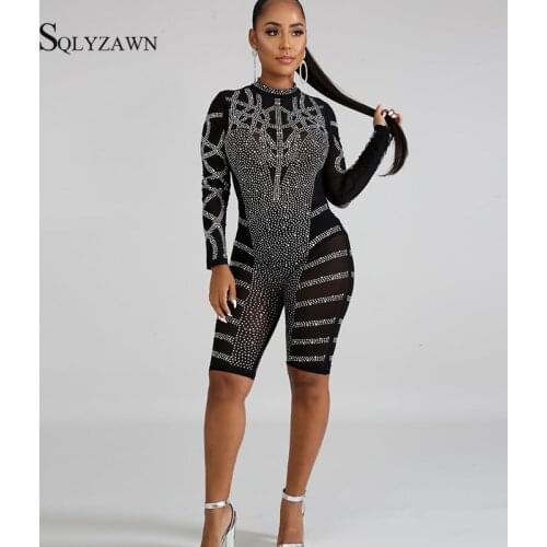 Sexy Glitter Sequin Mesh Long Sleeve Playsuit Women Fall Streetwear Transparent Stripe Bodycon Rompers Black Red Blue Overalls