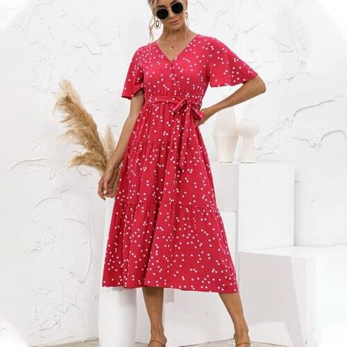 V-Neck Long Dress For Women Casual Polka-dot Floral Print Midi Sundresses Elegant Fitted Short Sleeve Dresses Robe Fille Платья