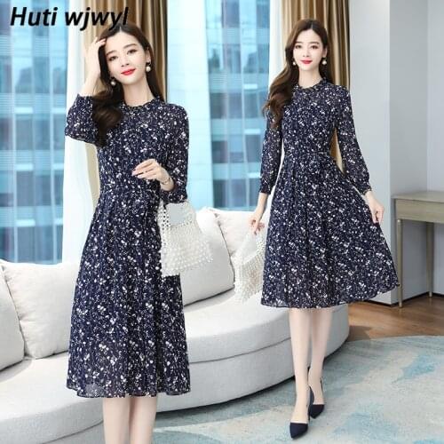 Korean Elegant Floral Chiffon Dress 2021 Autumn Winter Vintage Long Sleeve Midi Dress 5XL Plus Size Women Bodycon Party Vestidos